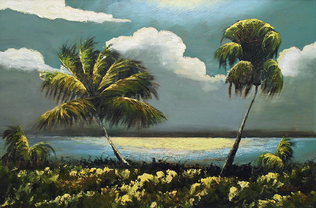 JAMES GIBSON HIGHWAYMEN PAINTING: James Gibson (1938-2017) Early Highwaymen painting of a Florida Indian River scene with palm trees. Signed lower right. Measures 34.5" x 23" on upson board & 38.25" x 26.5" w/ frame.