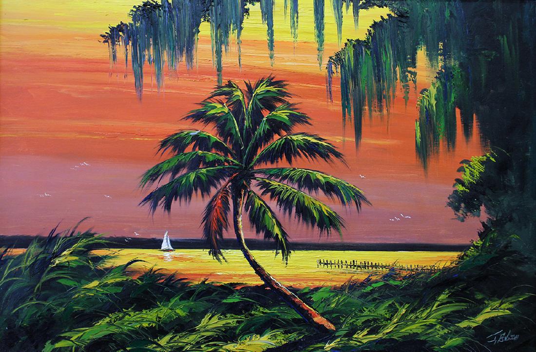 JAMES GIBSON HIGHWAYMEN PAINTING: James Gibson (1938-2017) Highwaymen painting of a Florida orange and yellow sunset over the Indian River with palm tree and sailboat. Measures 36" x 24" on board & 41.5" x 29.5" w/ frame.