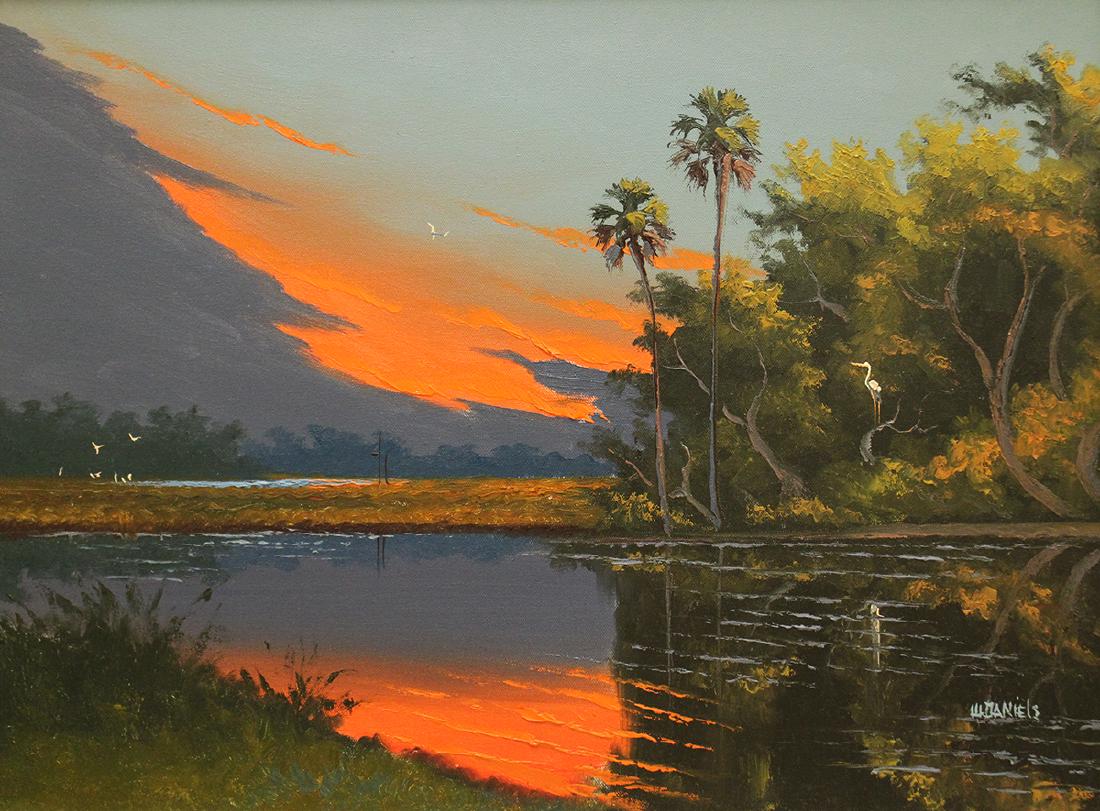 WILLIE DANIELS HIGHWAYMEN PAINTING: Willie Daniels (b.1950) Highwaymen painting of a Florida backwoods river scene with fire sky. Signed lower right. Measures 24" x 18" on canvas & 29" x 23" w/ frame.