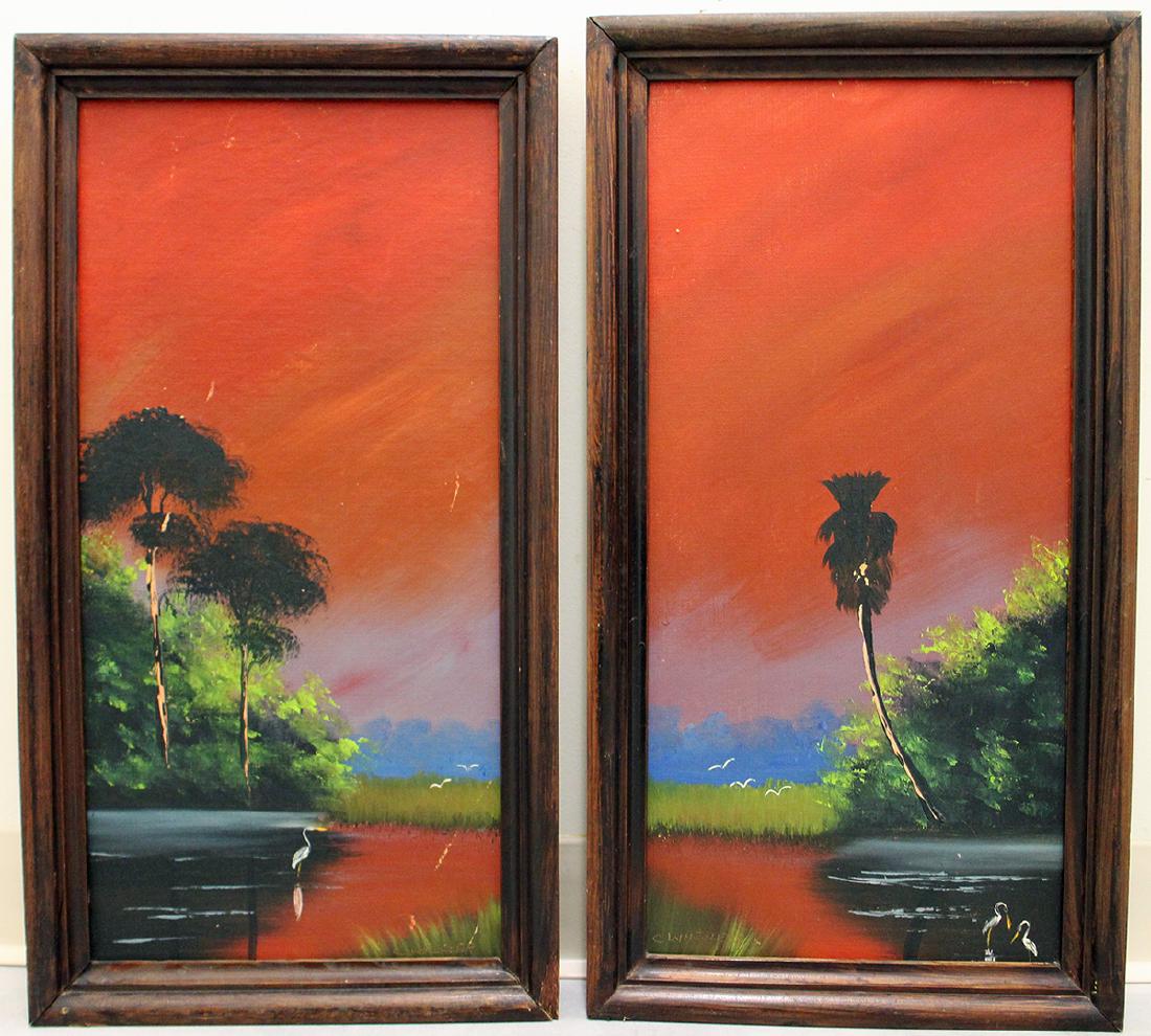 PAIR OF VINTAGE CHICO WHEELER HIGHWAYMEN PAINTINGS: Charles "Chico" Wheeler (b. 1946) Pair of vintage Highwaymen paintings of Florida fire sky river scenes with palm & pine trees and birds. Each measures 24" x 12" on upson board & 26" x 14" w/ frames.