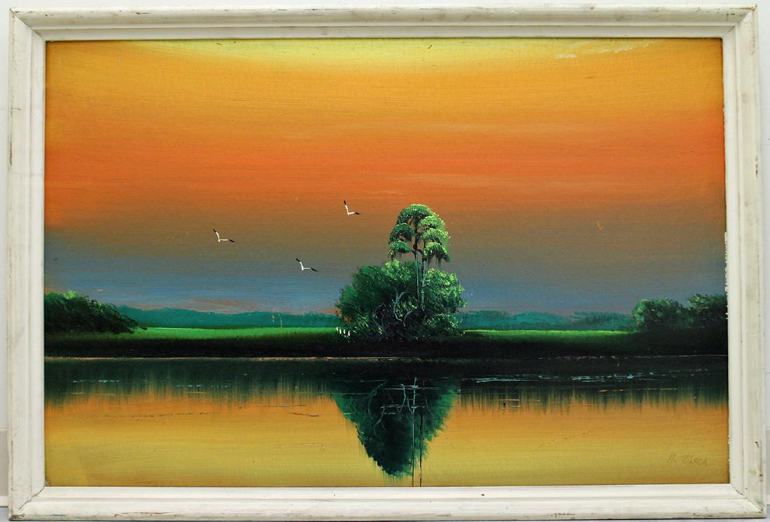 AL BLACK HIGHWAYMEN PAINTING: Al Black (b.1945) Highwaymen painting of a Florida sunset backwoods scene with tall pine tree and birds. Signed lower right. Measures 36" x 24" on uspon board & 38" x 26" w/ frame.