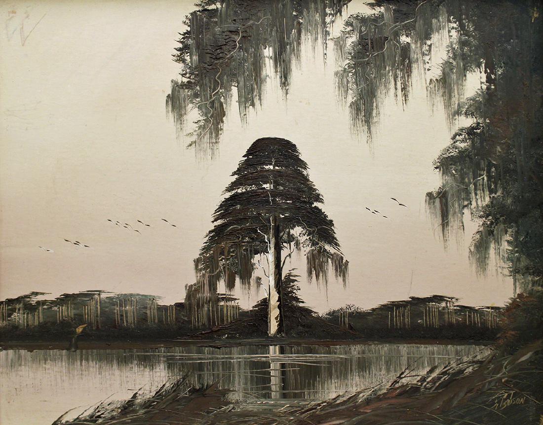 JAMES GIBSON HIGHWAYMEN PAINTING: James Gibson (1938-2017) Highwaymen painting of a Florida backwoods scene with tall pine tree and hanging Spanish moss. Signed lower right. Measures 30" x 24" on upson board & 32" x 26" w/ frame.