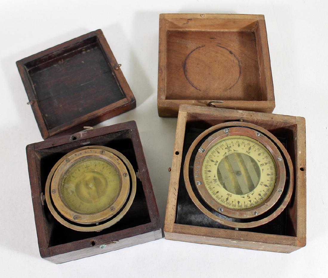 (2) STAR COMPASSES: Two antique Star Boston compasses in wood boxes. 6.25" & 7" wide.