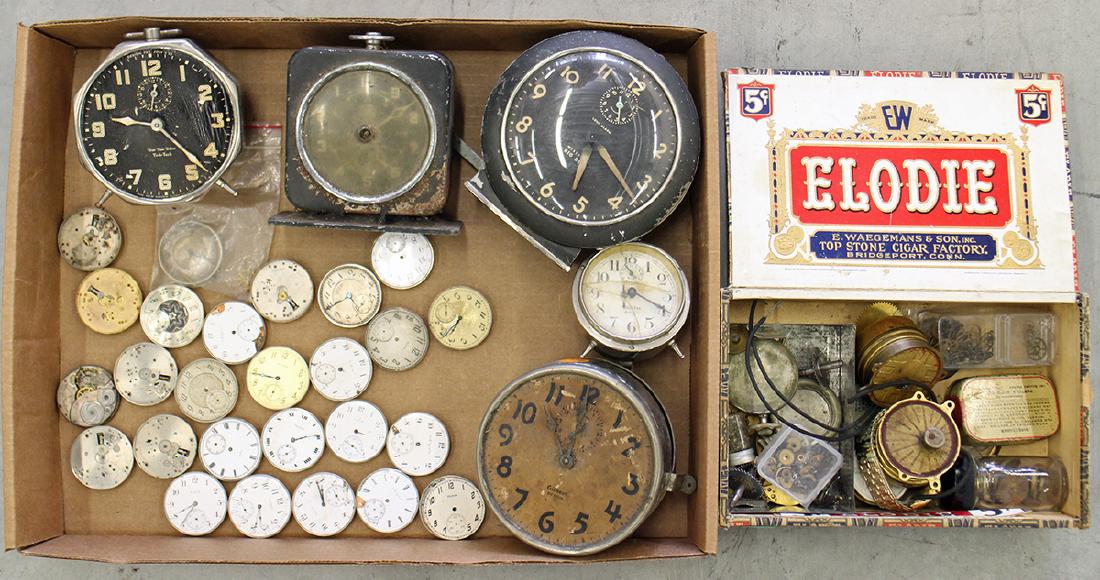 POCKET WATCH PARTS & CLOCKS: Collection of pocket watch faces, parts, & clocks.