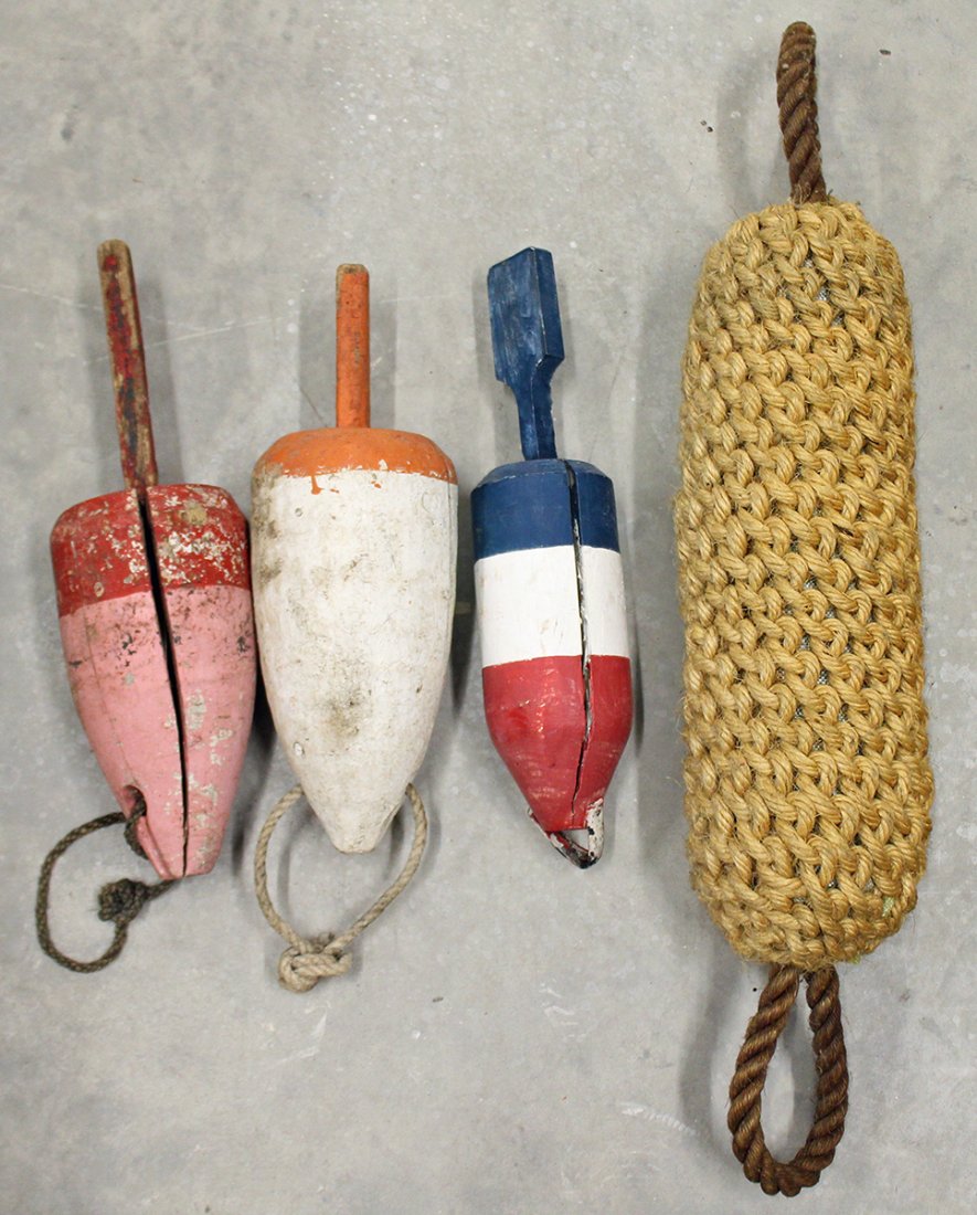 NAUTICAL BUOYS & FENDER: Collection of assorted nautical buoys and boat rope fender. 17.5" to 22" long.