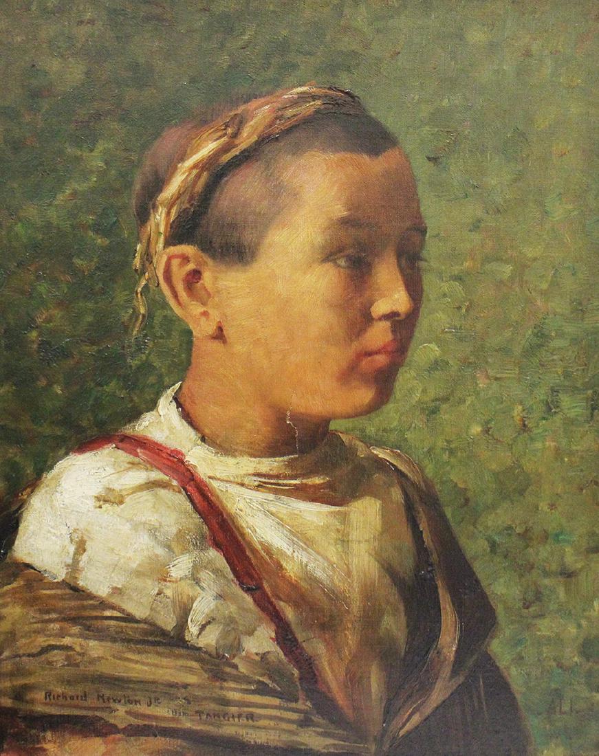 RICHARD NEWTON JR OIL ON CANVAS PORTRAIT PAINTING: Richard Newton Jr. (1874-1950) Portrait painting of a young girl. Signed Richard Newton Jr. Tangier. Ali. Measures 15" x 19" (Framed 21" x 26"). Scratch to middle of painting.