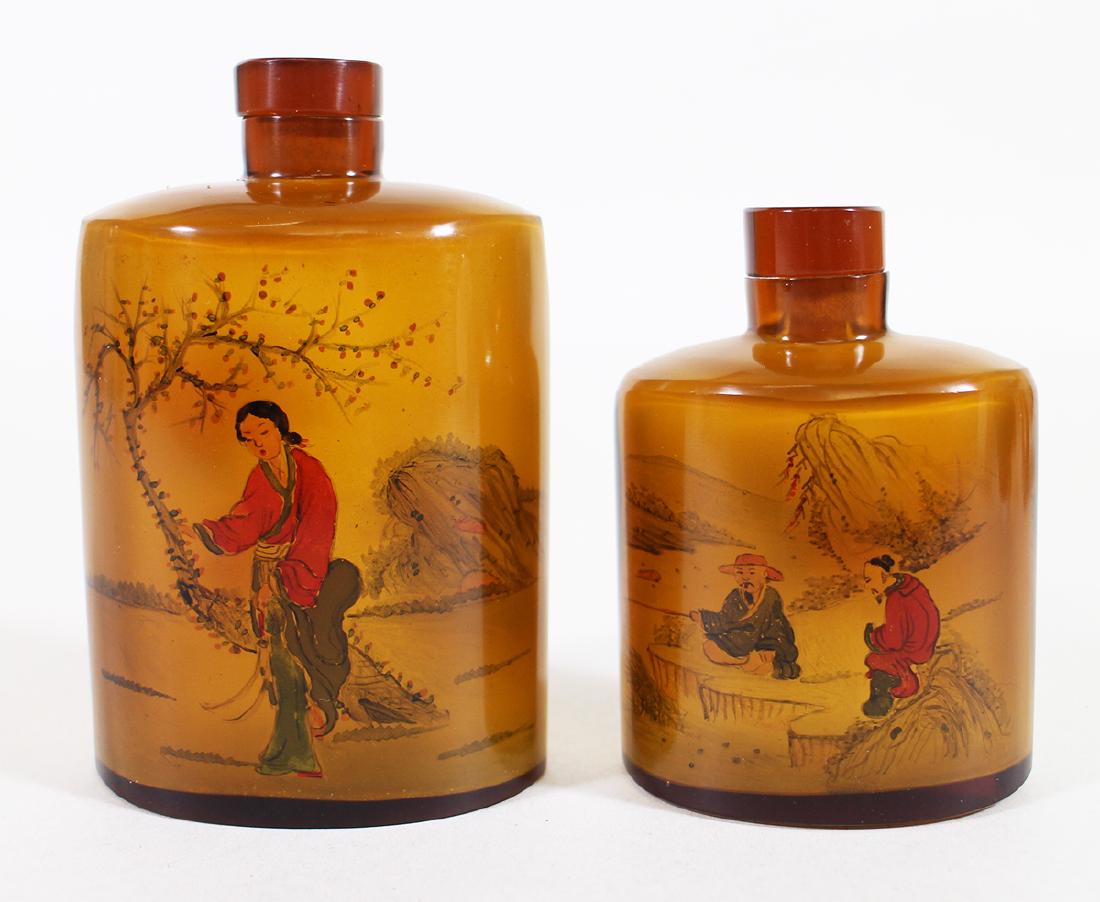 PAIR OF CHINESE AMBER REVERSE GLASS BOTTLES (1 of 5)