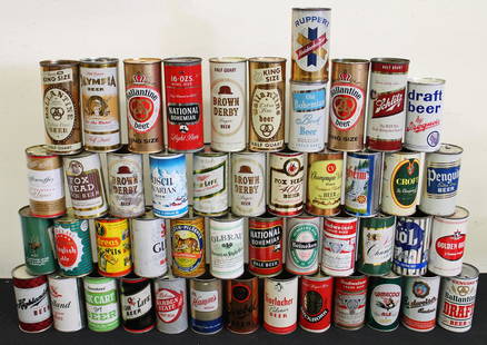 (47) VINTAGE FLAT TOP BEER CANS: Collection of flat top beer cans including Miller High Life, Brown Derby, Golden Brew, Busch Bavarian, Kol, Budweiser, Croft, Schlitz Fox Cart, National Bohemian, Gamecock Ale by Croft, Buckhorn, Glue