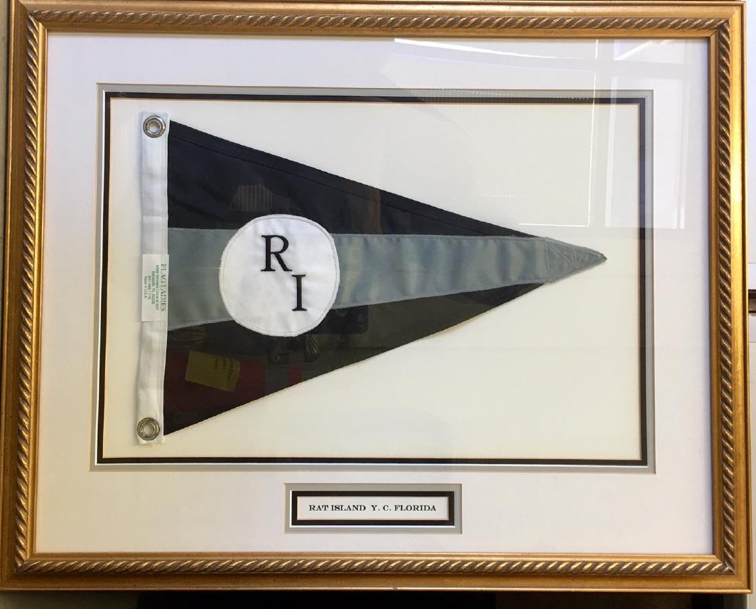 RAT ISLAND YACHT CLUB OF FLORIDA FRAMED BURGEE: Professionally framed flag with name plaque. 22" x 28"
