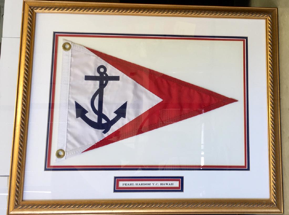 PEARL HARBOR YACHT CLUB OF HAWAII FRAMED BURGEE: Professionally framed flag with name plaque. 22" x 28"