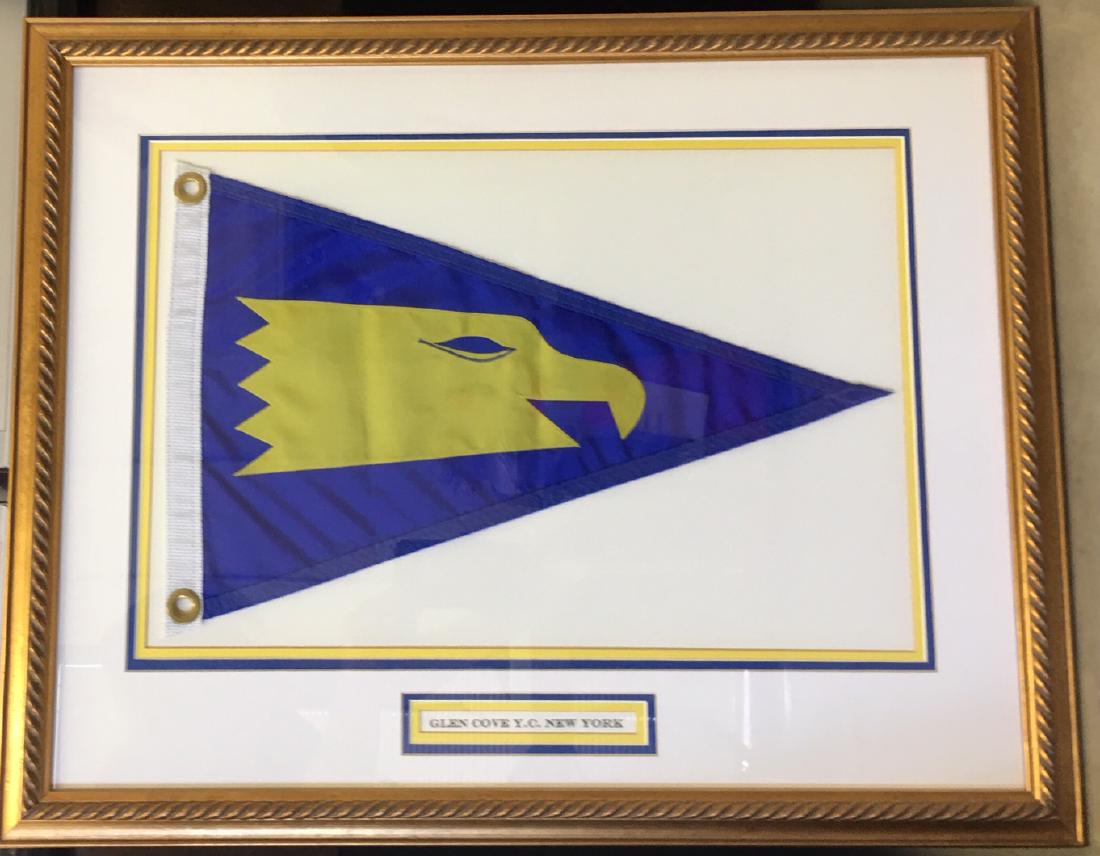 GLEN COVE YACHT CLUB OF NEW YORK FRAMED BURGEE: Professionally framed flag with name plaque. 22" x 28"