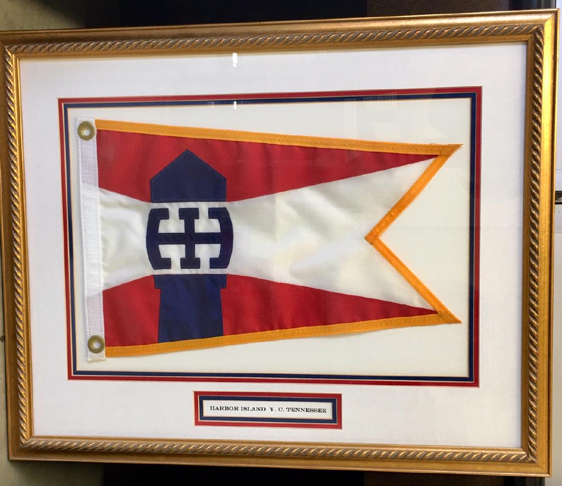 HARBOR ISLAND YACHT CLUB TENNESSEE FRAMED BURGEE: Professionally framed flag with name plaque. 22" x 28"