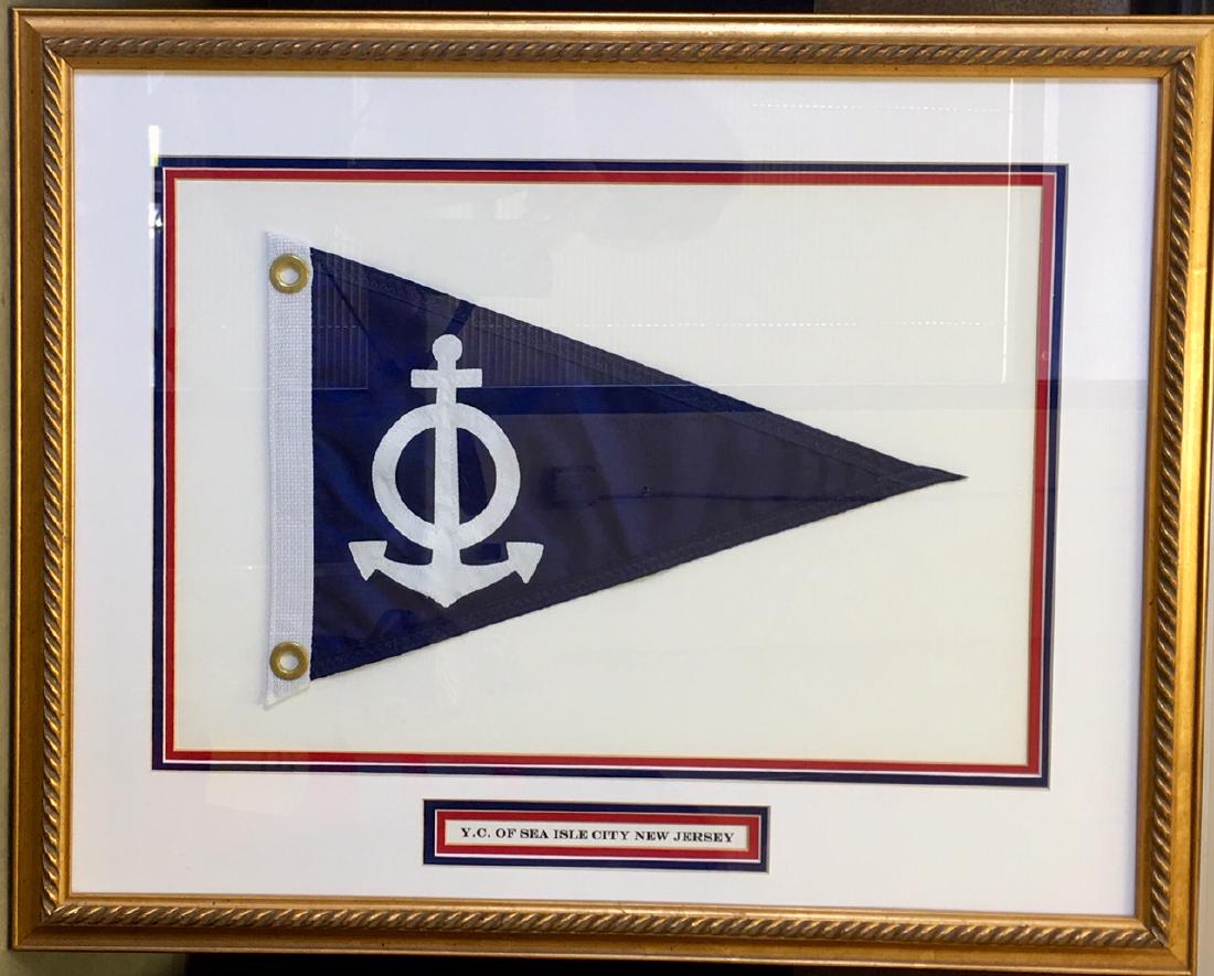 YACHT CLUB OF SEA ISLE CITY NJ FRAMED BURGEE: Professionally framed flag with name plaque. 22" x 28"