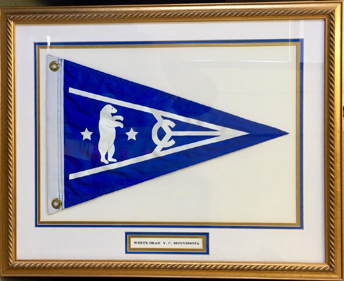 WHITE BEAR YACHT CLUB OF MINNESOTA FRAMED BURGEE: Professionally framed flag with name plaque. 22" x 28"