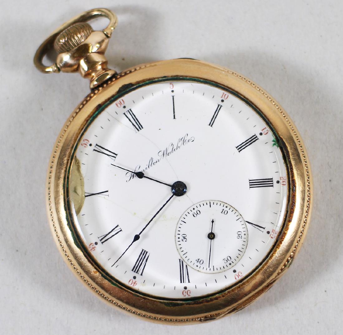 HAMILTON GOLD FILLED POCKET WATCH: Antique Hamilton gold filled case pocket watch. Watch is working. Age related wear, some damage to side of face.