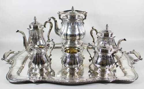 7 PIECE GORHAM STERLING TEA & COFFEE SET: Gorham sterling silver seven piece tea & coffee set including matching sterling tray. Each piece beautifully hand chased. Retailed at Brand Chatillon Co. New York. Total weight 342 OZT.