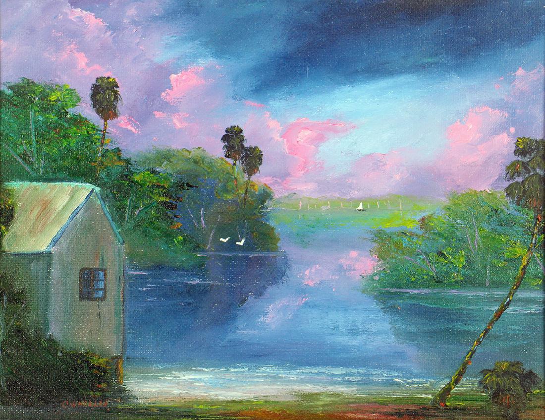 CHICO WHEELER HIGHWAYMEN PAINTING: Charles "Chico" Wheeler (b. 1946) Highwaymen painting of a Florida river inlet scene with palm trees and boathouse. Signed lower left. Measures 14" x 11" on board and 25" x 21" w/ frame.
