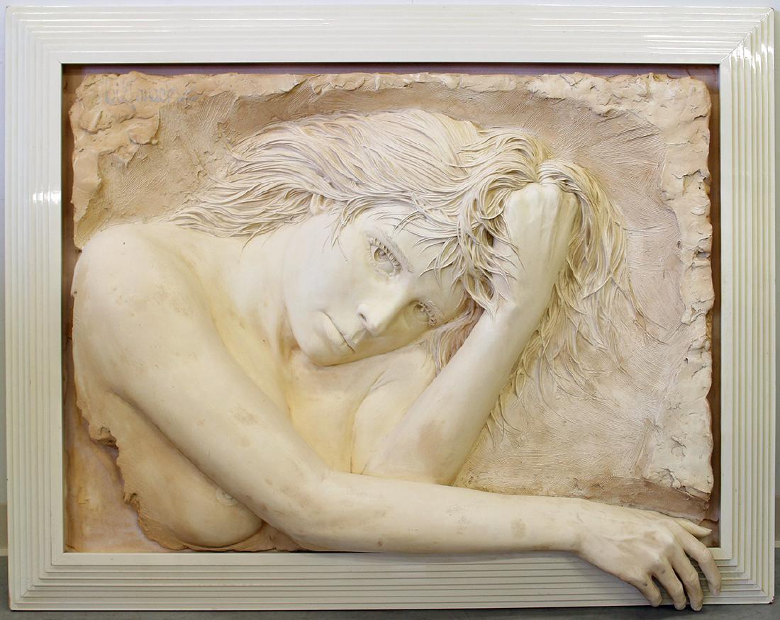 BILL MACK HIGH RELIEF NUDE ART SCULPTURE: Bill Mack high relief art sculpture of a nude woman with arm extending past frame. Signed top left with MC. Measures 50.75" x 40" w/ frame.