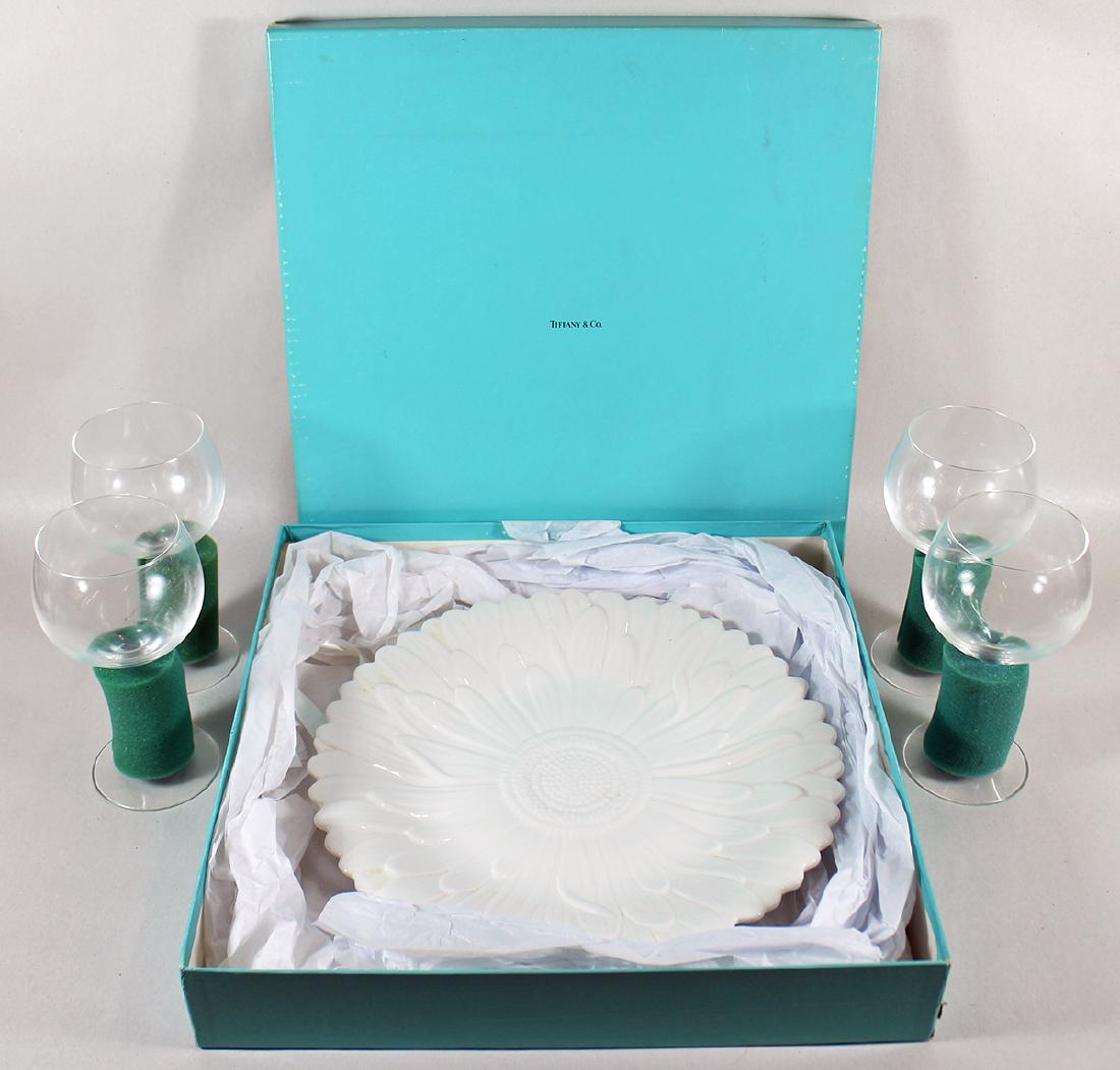 TIFFANY & CO. WINE GLASSES & PLATTER: Set of (4) Tiffany & Co 7" tall wine glasses and white 12.5" sunflower platter with box.
