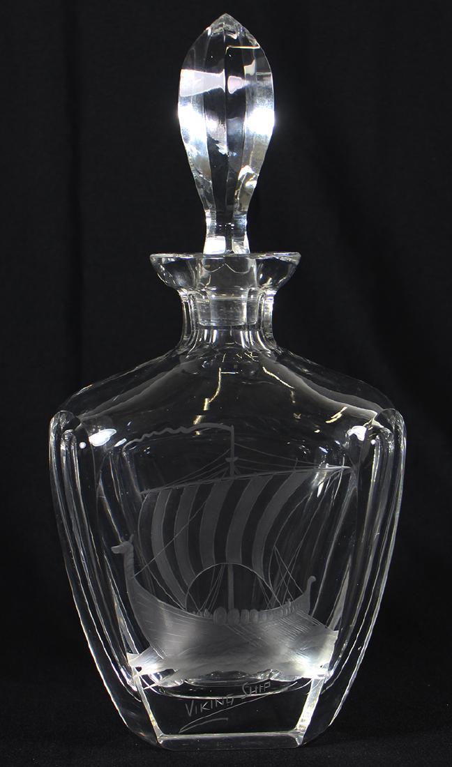VIKING SHIP DECANTER: Glass decanter with viking ship. 10" tall.