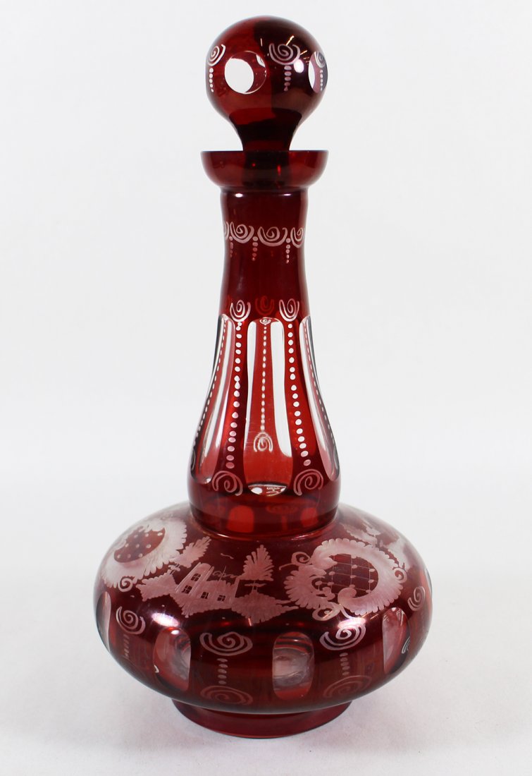 CRANBERRY CUT TO CLEAR GLASS DECANTER (1 of 2)