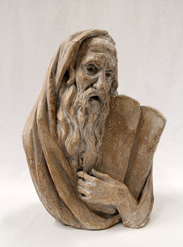 ARNOLD BERGIER MOSES BUST: Arnold Bergier bust of Moses with the 10 commandments. 15 1/2" tall. Signed on back and dated 1967.