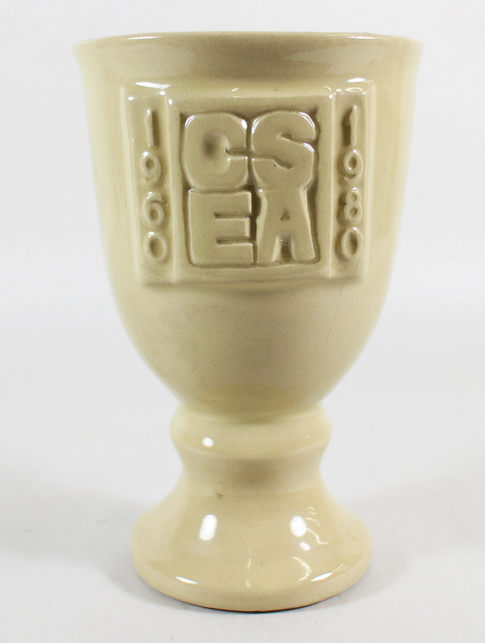 VAN BRIGGLE COMMEMORATIVE CHALICE CSEA: A Van Briggle commemorative chalice for the Colorado Springs Executive Association in 1980. It is 7" tall and signed Van Briggle.