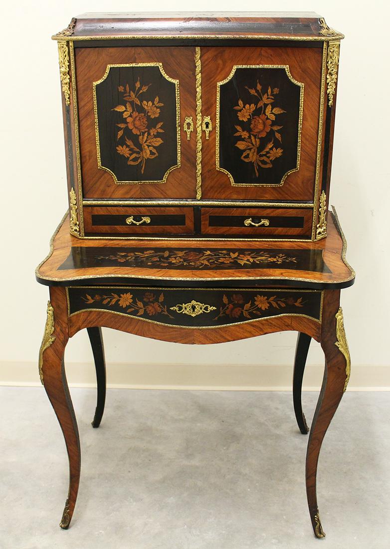 19TH CENTURY FRENCH BONHEUR DU JOUR DESK: Inlaid wood marquetry French Bonheur Du Jour desk cabinet with ormolu accents. Measures 51" tall 29" x 18.5" wide.