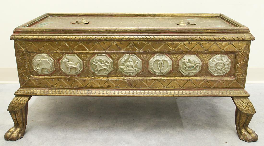 19TH CENTURY DOWRY CHEST - INDIA: Metal over wood dowry chest with seven medallions on front. Top has two slots for money and bottom has two locking drop doors. Four paw feet. Measures 36" x 15" wide 18" tall.