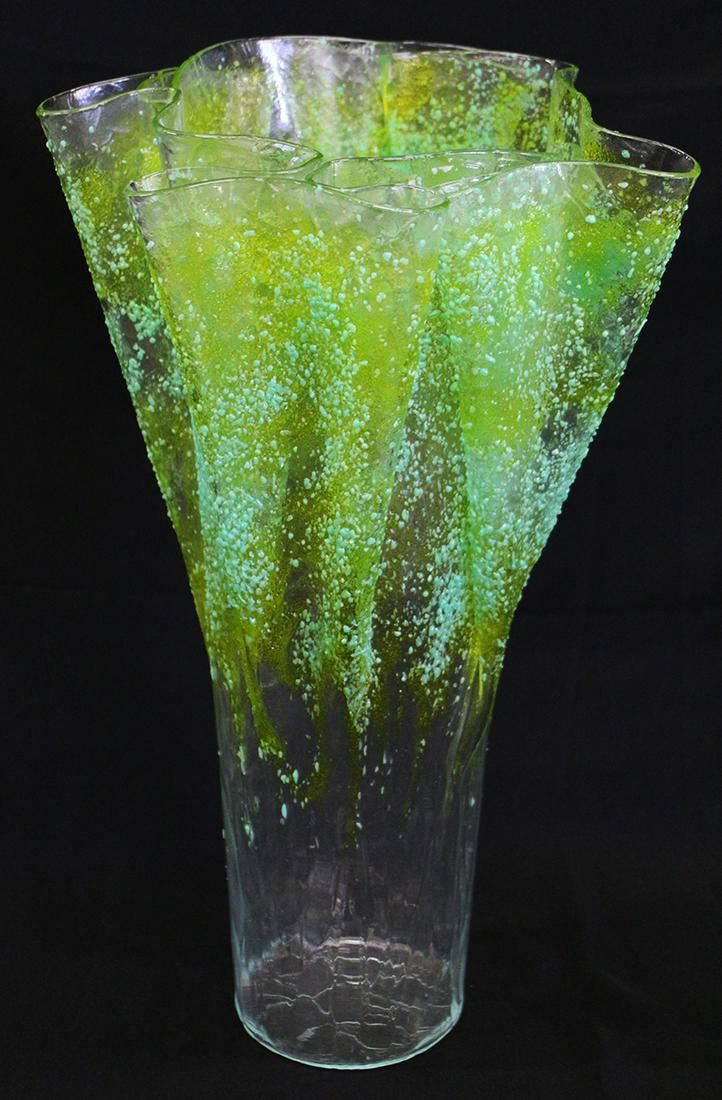 LEMON LIME ART GLASS VASE: Speckled lemon lime art glass vase. Signed on bottom. Measures 17" tall.