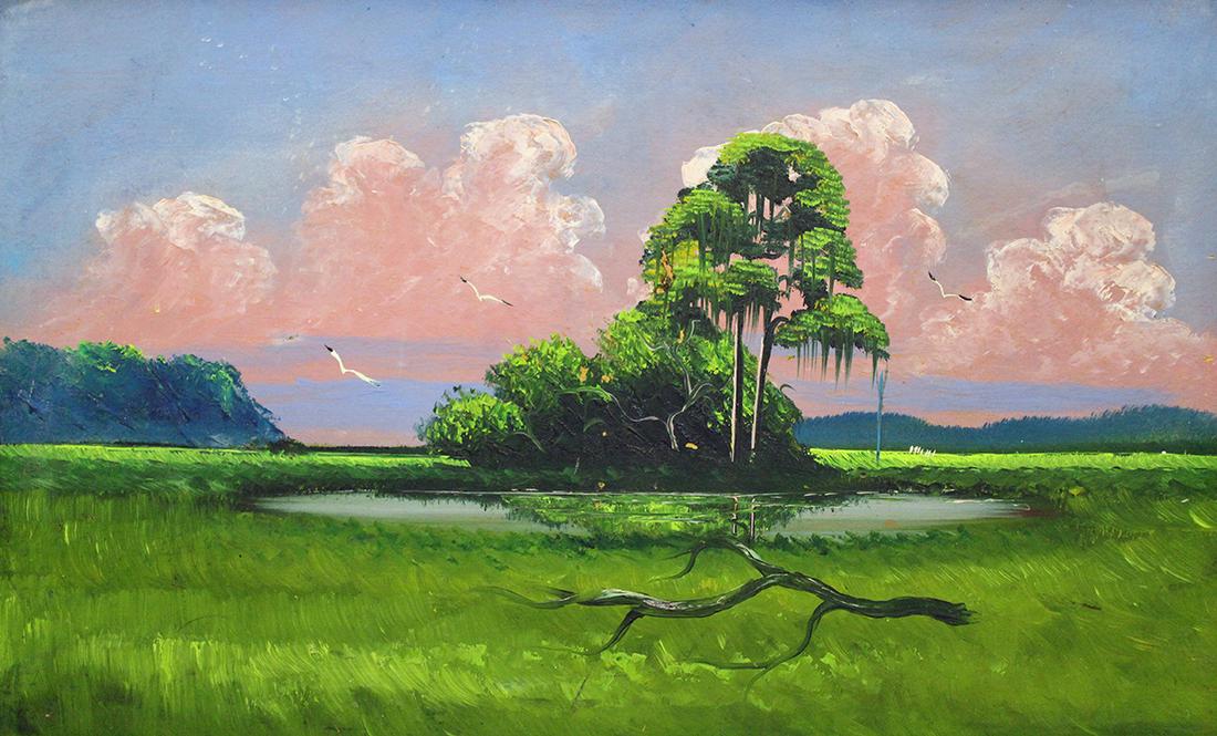 AL BLACK HIGHWAYMEN PAINTING: Al Black (b.1945) Highwaymen painting of a Florida backwoods landscape scene with pink clouds and tall pine trees with hanging spanish moss. Measures 36" x 22.75" on upson board and 38" x 24.5" w/ fra