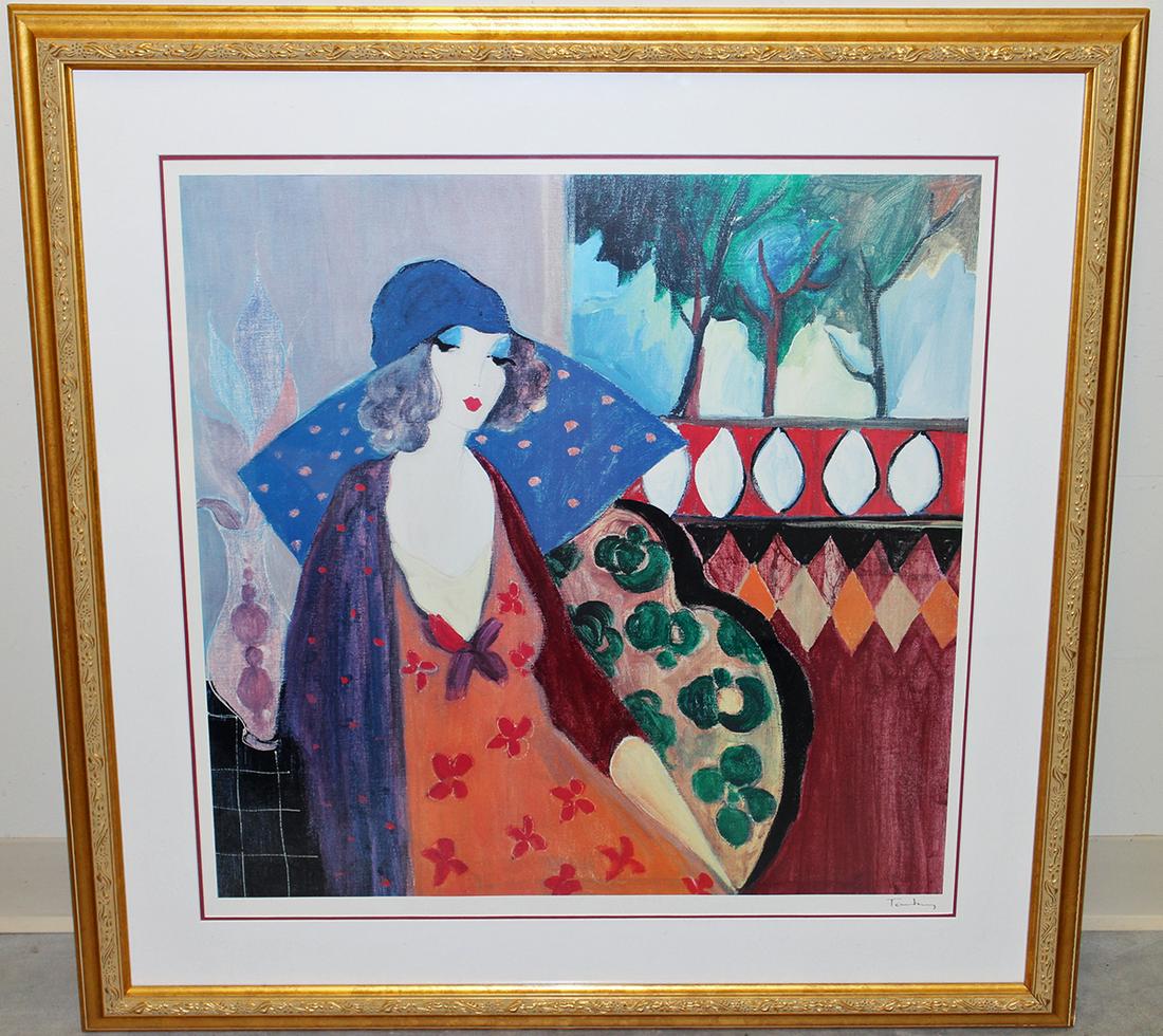 ITZCHAK TARKAY "INDIGO CHAPEAU" SERIOLITHO: Itzchak Tarkay (1935-2012) Seriolithograph titled "Indigo Chapeau". Measures 35.25" x 35.5" w/ frame.