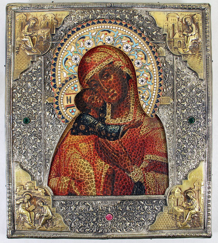 RUSSIAN ENAMELED & SILVER MOTHER & CHILD ICON (1 of 6)