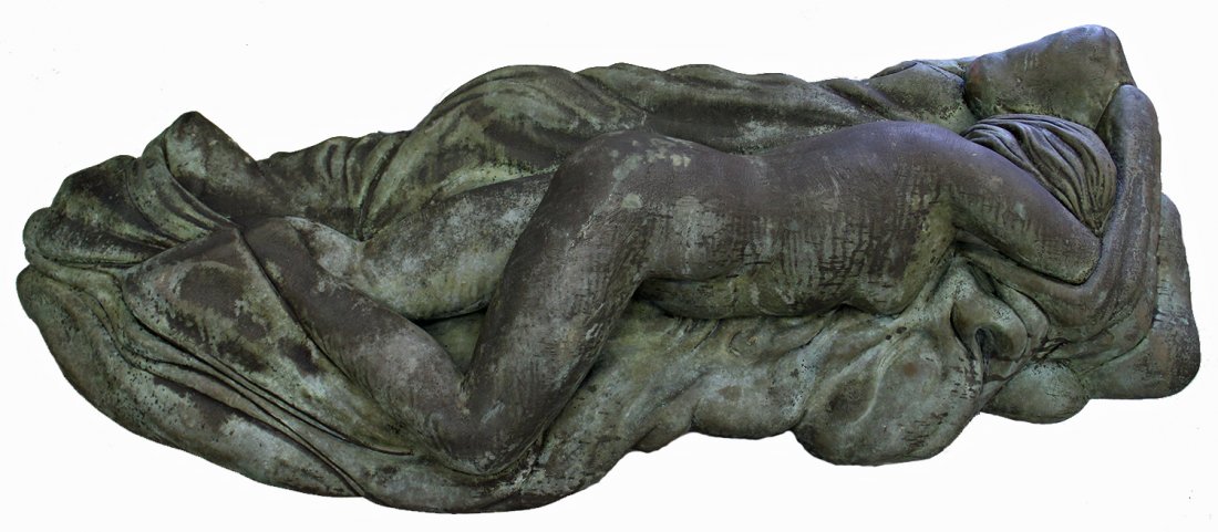 M. HEINLEIN RECLINING NUDE BRONZE SCULPTURE: Large bronze sculpture of a reclining nude woman with blanket. Signed and dated 1985. Can be mounted on a wall or lies flat. Please note this is VERY HEAVY and will need assistance with moving. Measur