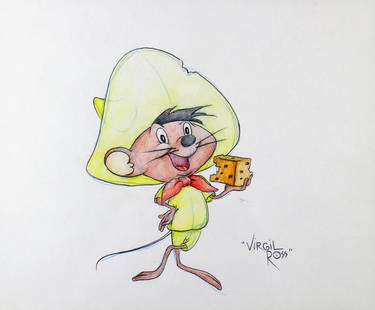 VIRGIL ROSS SPEEDY GONZALES DRAWING: Virgil Ross (1907-1996) Sketch drawing of Looney Tunes Speedy Gonzales. Measures 21.25" x 19.25" w/ frame.