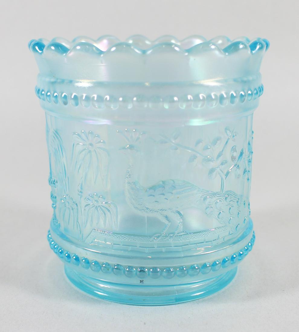 NORTHWOOD ICE BLUE PEACOCK AT THE FOUNTAIN SPOONER: Rare Northwood glass spooner with a Peacock at the Fountain motif. It has a scalloped edge with a beaded trim in a light blue color. 4" tall