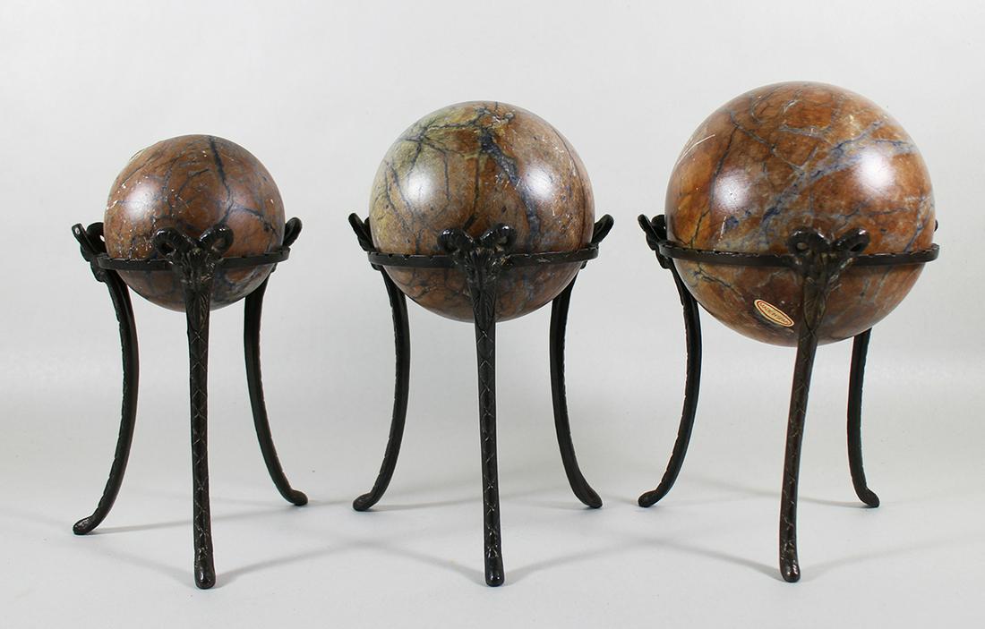 (3) FREDERICK COOPER ALABASTER BALLS: Frederick Cooper Chicago graduated alabaster balls in tripod metal stands. 9" to 10" tall.