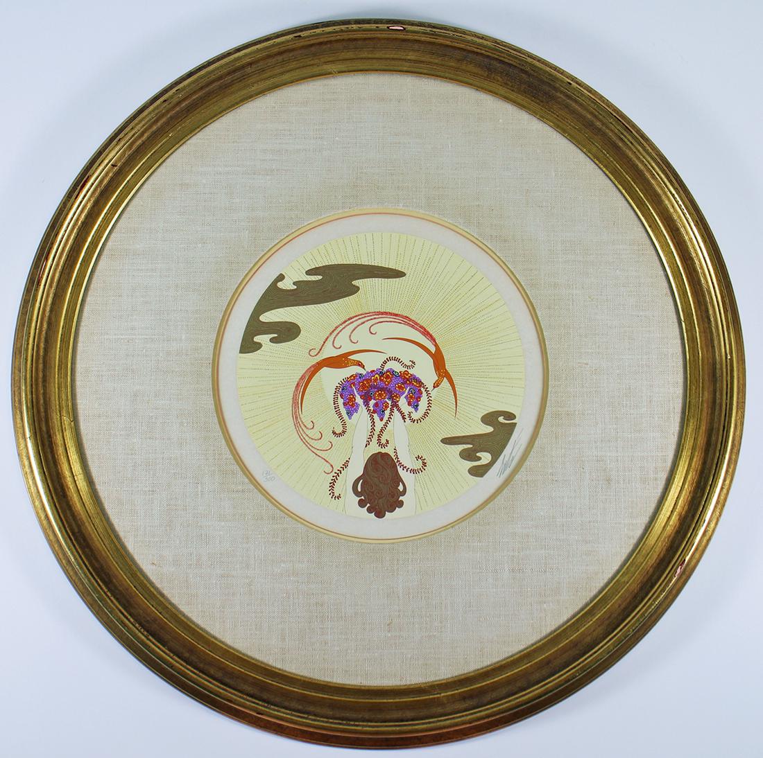 ERTE NOON SERIGRAPH: Romain de Tirtoff (1892-1990) Serigraph "Noon". Pencil signed and numbered 171/300. Measures 23.5" in a round frame.