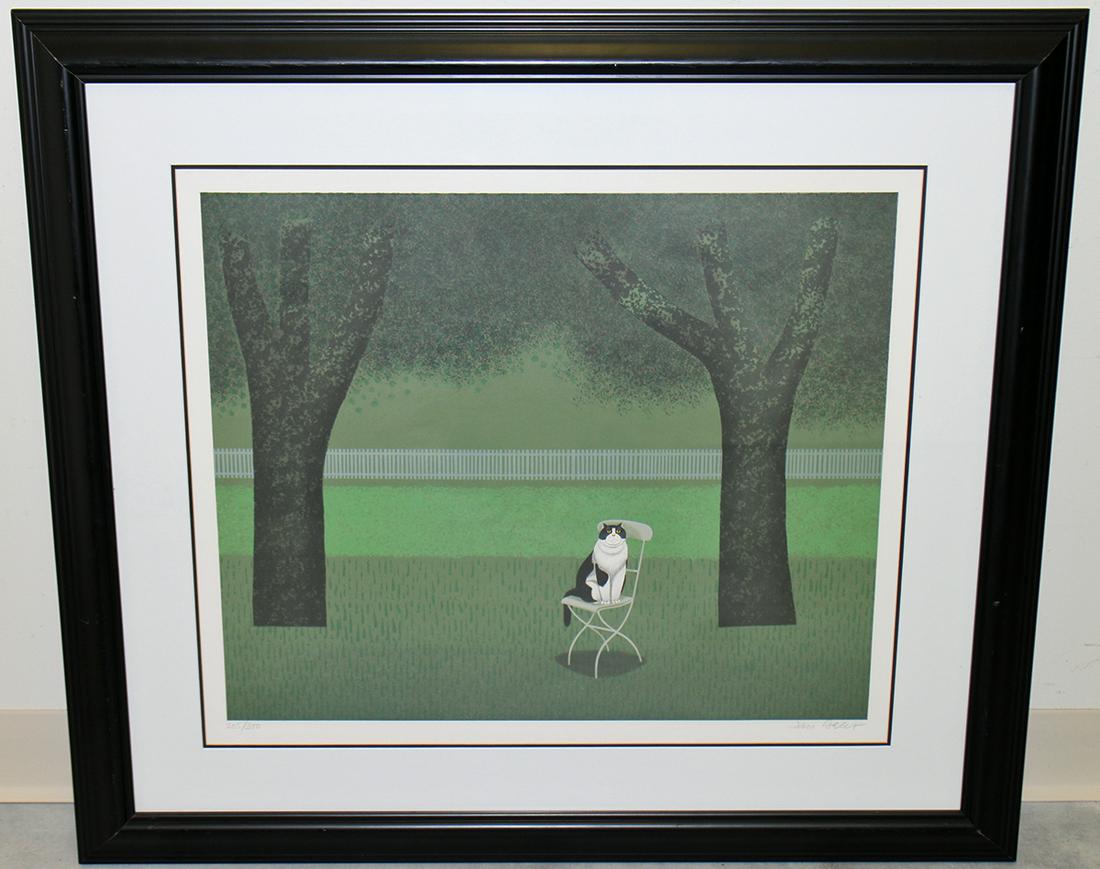 JAN BALET MAX KATZ LITHOGRAPH: Jan Balet (1913-2009) Max Katz lithograph with a cat on a chair. Pencil signed and numbered 205/300. Measures 23.5" x 19.5" and 35.5" x 31.5" w/ frame.