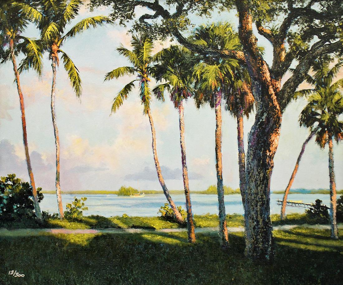 A.E. BACKUS "ALYCE'S VIEW" CANVAS GICLEE: Albert "Beanie" Backus (1906-1990) Giclee on canvas of a Fort Piece Florida river scene titled "Alyce's View". Numbered 13/300. Measures 24" x 20" and 28.5" x 24.5" w/ frame.