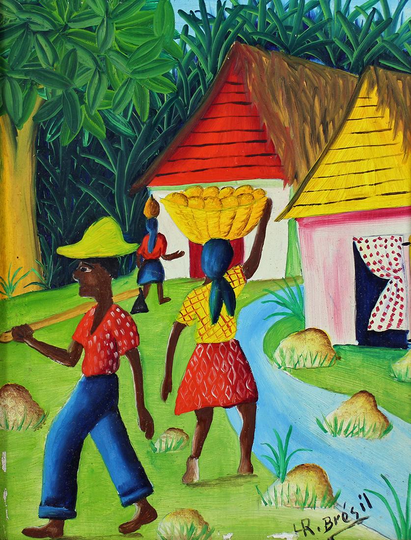 BRESIL HAITIAN PAINTING: Painting of a Haitian village scene attributed to Henri Robert Bresil (1952-1999). Signed lower right. Measures 10" x 8" on board & 12.25" x 10.25" w/ frame.