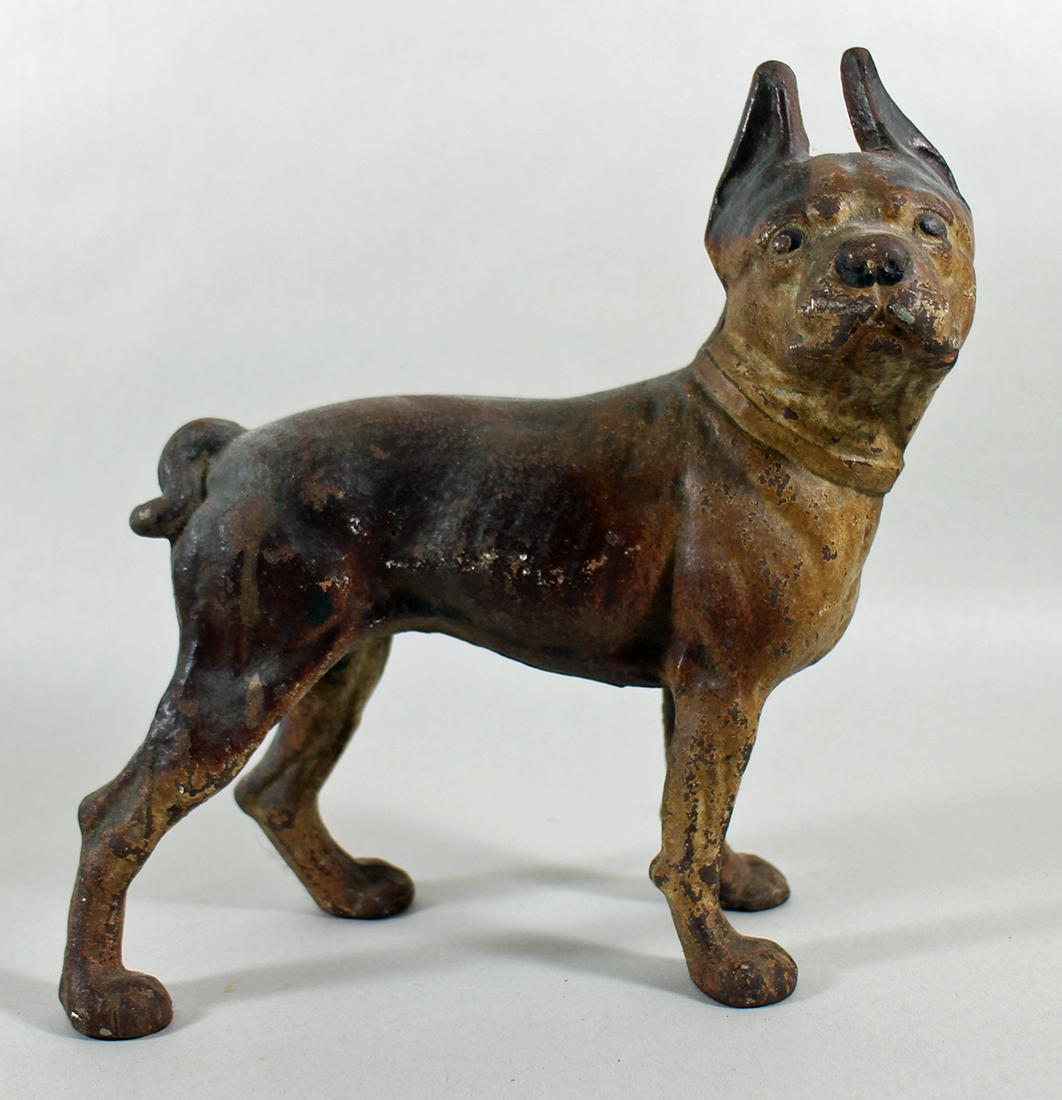 ANTIQUE CAST IRON BOSTON TERRIER DOG DOORSTOP: Antique cast iron Boston Terrior standing door stop. 9.5" wide 10" tall.