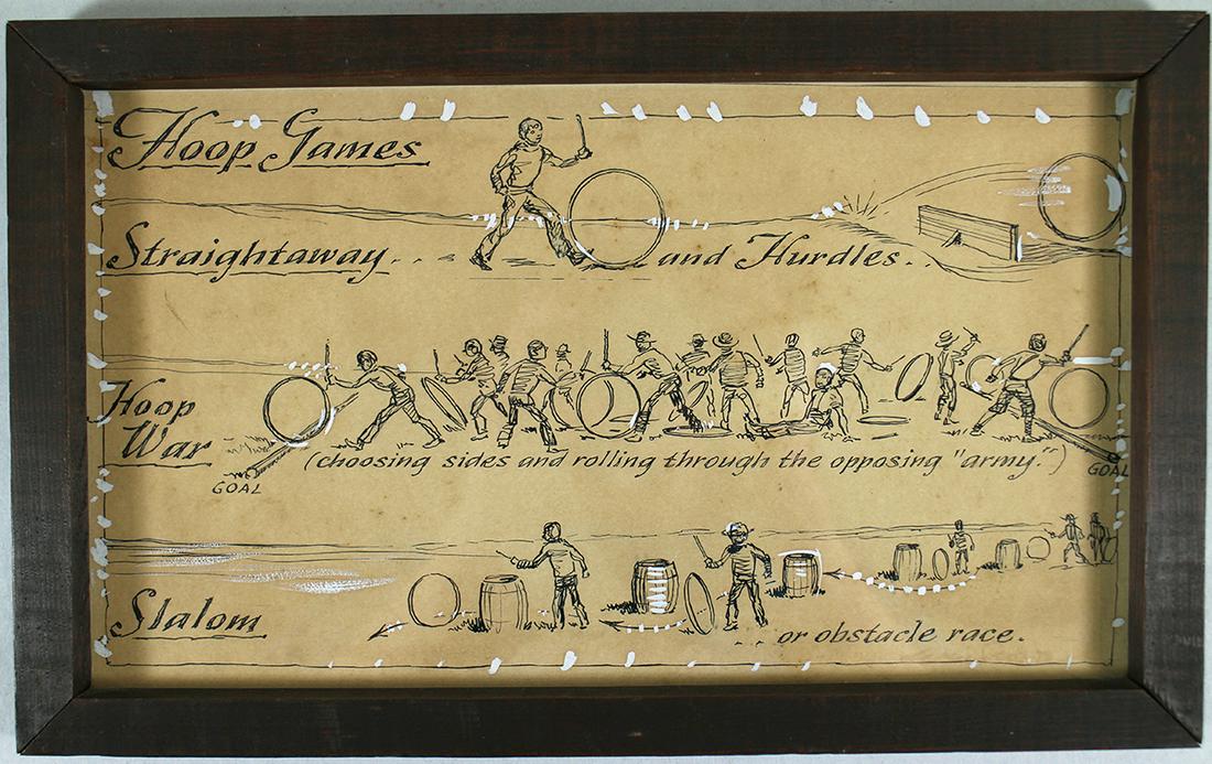 ERIC SLOANE (1905-1985) INK DRAWING: Ink drawing with white paint accents by Eric Sloane. The drawing reads, "Hoop Games Straightaway and Hurdles..Hoop War Choosing sides and rolling through the opposing army...Slalom..or obstacle race.