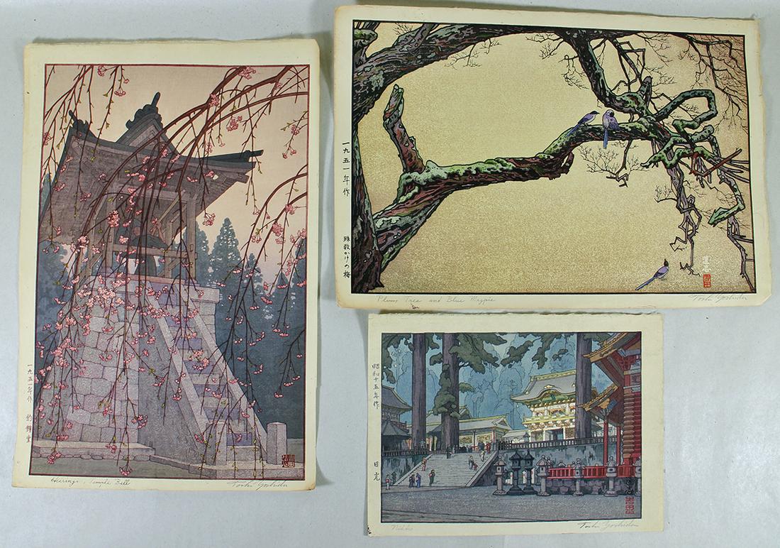 (3) TOSHI YOSHIDA JAPANESE WOODBLOCKS: Toshi Yoshida (1911-1995) Three Japanese woodblock prints "Nikko" (10.5" x 7.75"), "Heirinji, Temple Bell" and "Plum Tree and Blue Magpie" (16" x 10.75"). All pencil signed. Unframed.