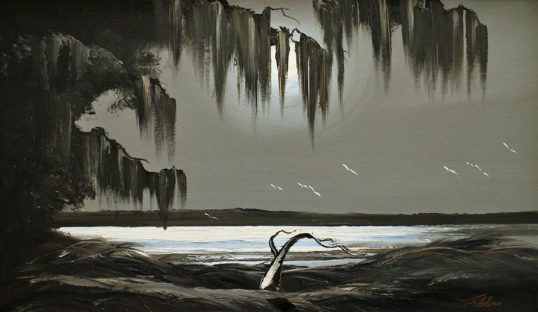 JAMES GIBSON HIGHWAYMEN PAINTING: James Gibson (1938-2017) Highwaymen painting of a Florida night time river scene with moon lit palm tree and hanging Spanish moss. Signed lower right. Measures 38" x 22.25" on upson board & 40.25" x 2