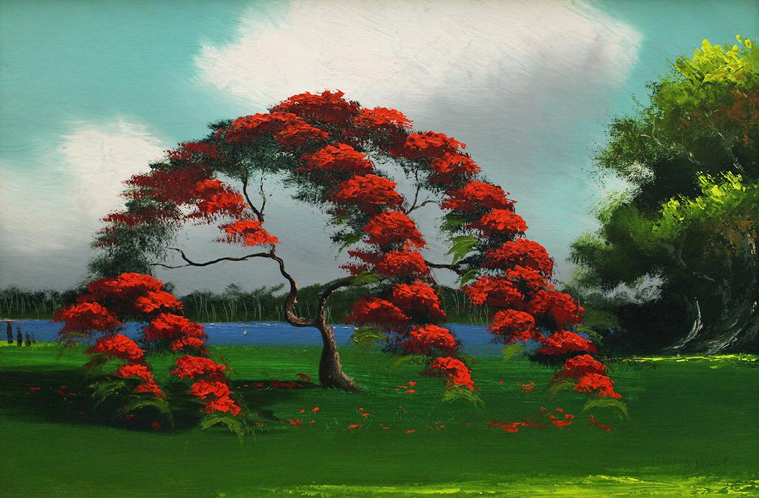 SAM NEWTON POINCIANA TREE HIGHWAYMEN PAINTING: Sam Newton (b.1948) Highwaymen painting of a Florida landscape with bright red poinciana tree. Signed lower right. Measures 36" x 24" on upson board & 38" x 26" w/ frame.