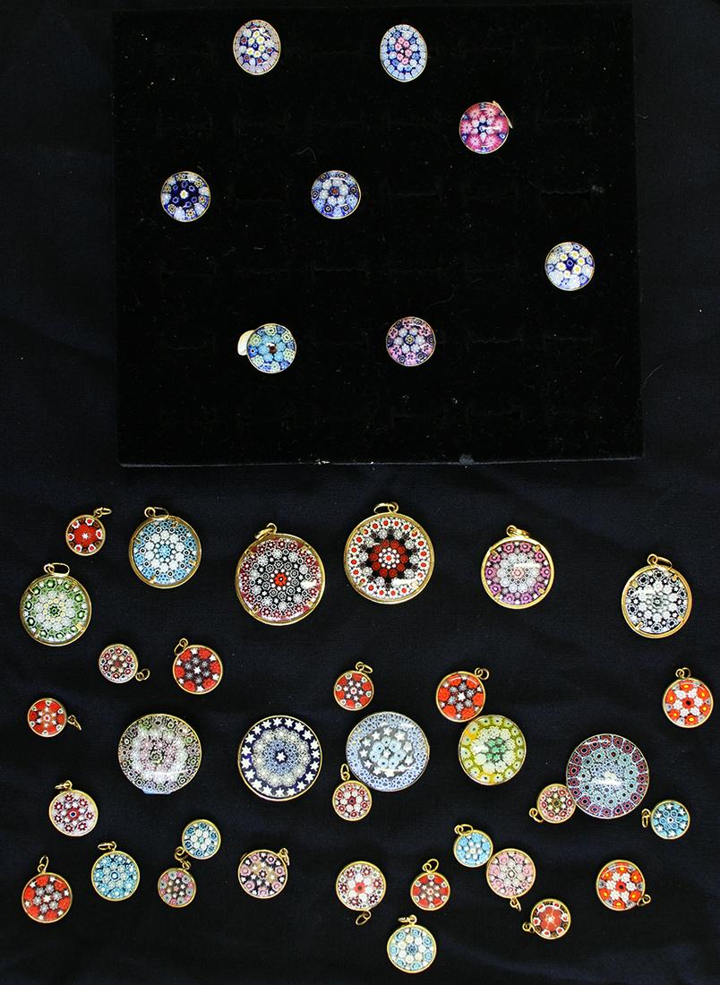 MILLEFIORI GLASS PENDANTS, RINGS & BROOCHES: Collection of Italian Millefiori glass rings, pendants and brooches.