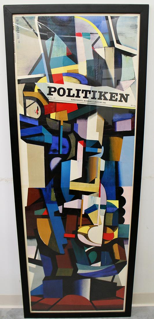 IB ANDERSEN CUBIST POLITIKEN POSTER: Cubism color Politiken poster by IB Andersen (1907-1989). Measures 71" x 27" w/ frame.