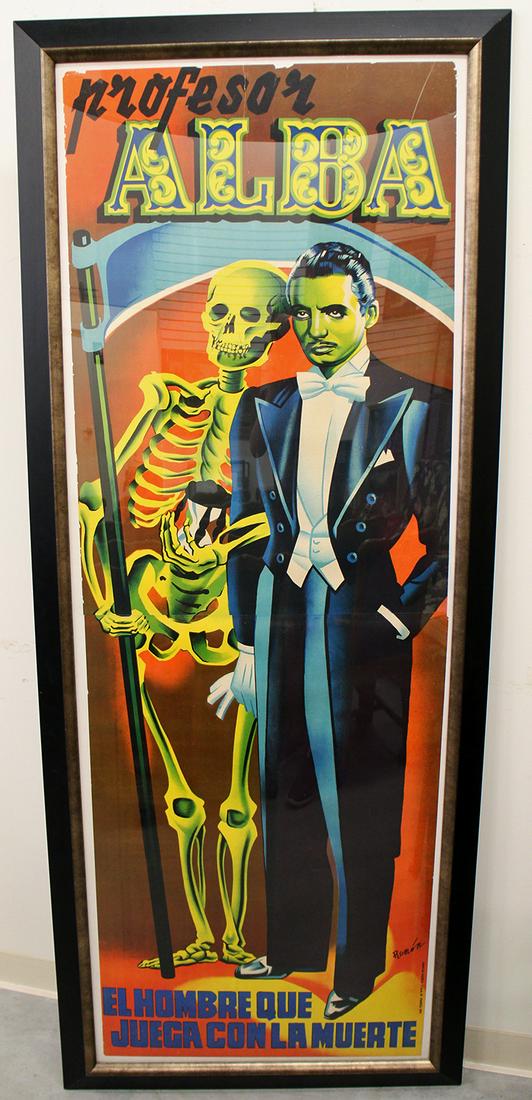 PROFESOR ALBA LITHOGRAPH POSTER: Spanish Profesor Alba "The Man Who Plays With Death" poster of the magician with a grim reaper skeleton holding scythe. Poster in two pieces, top and bottom, and has some losses to edges. Measures 84"