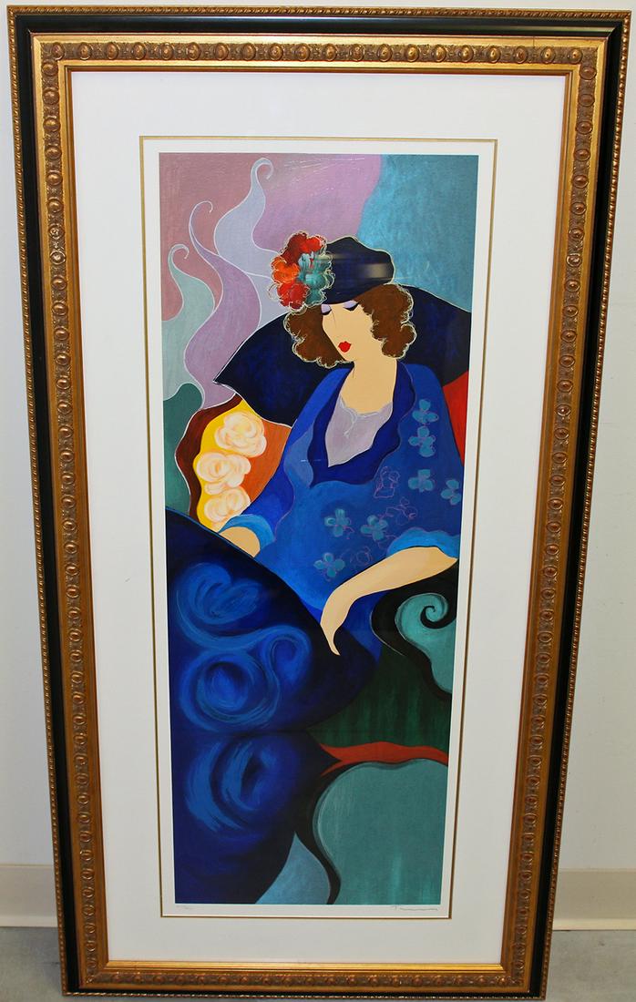 ITZCHAK TARKAY BLUE DRESS SERIGRAPH: Itzchak Tarkay (1935-2012) Serigraph of a lady in a blue dress. Pencil signed and numbered 319/350. Measures 49.75" x 25.5" w/ frame.